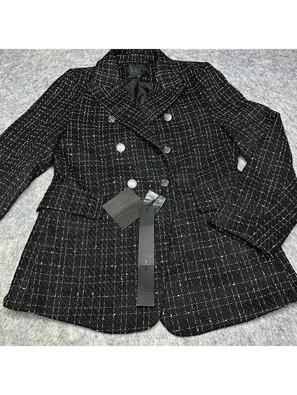NWT MINASELF Black Tweed Plaid Double Breasted Crest Button Blazer Jacket Sz M